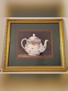 Vintage Barbara Mock "Mixed Blossom Teapot" Framed Print Double Matted 15x17